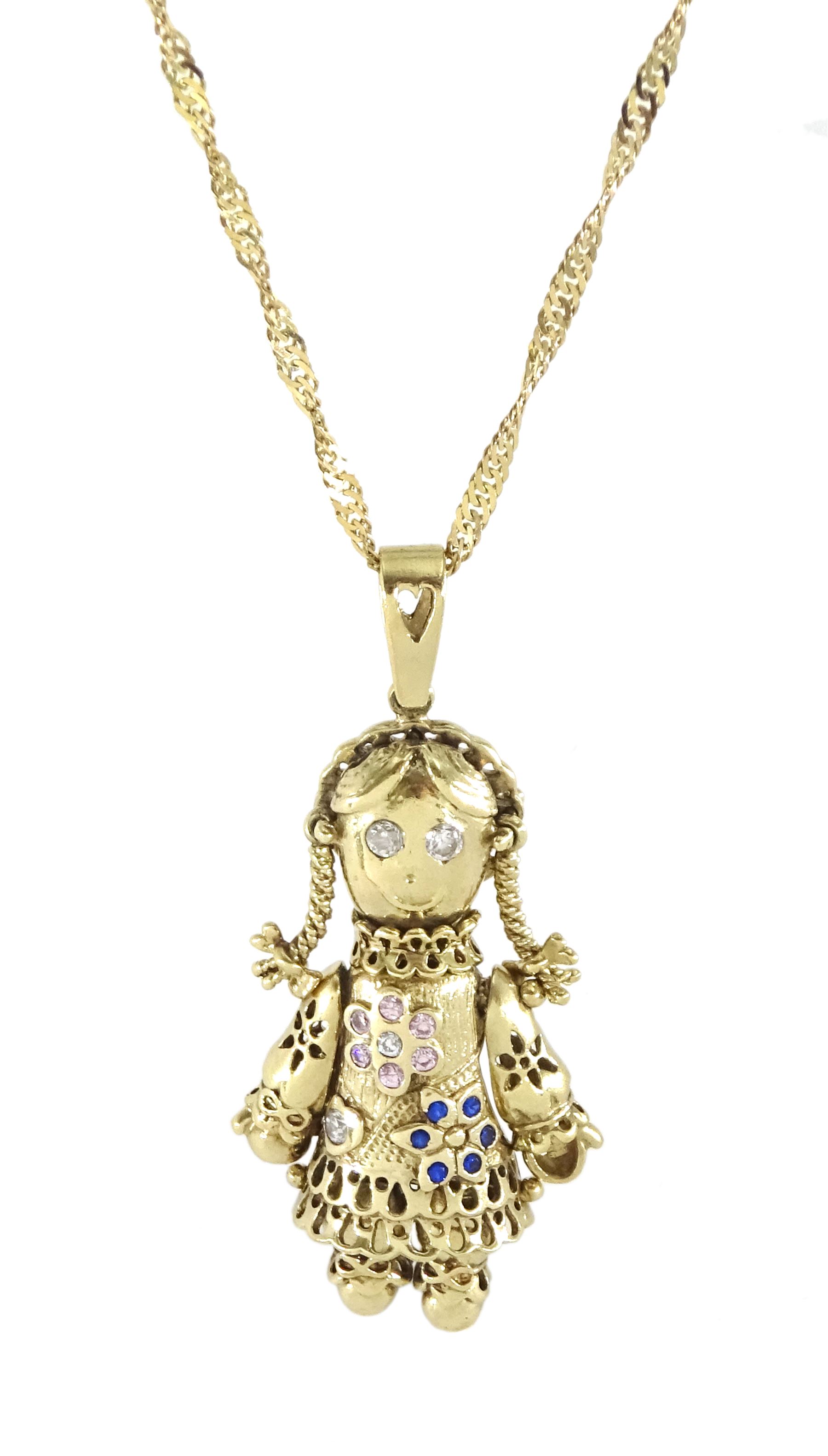 9ct gold stone set rag doll pendant necklace, hallmarked