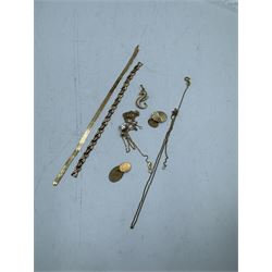 14ct gold bracelet links and a 14ct gold chain, together with 9ct gold jewellery, to include pair of cufflinks, bracelet, seahorse charm, chains and a cubic zirconia pendant 