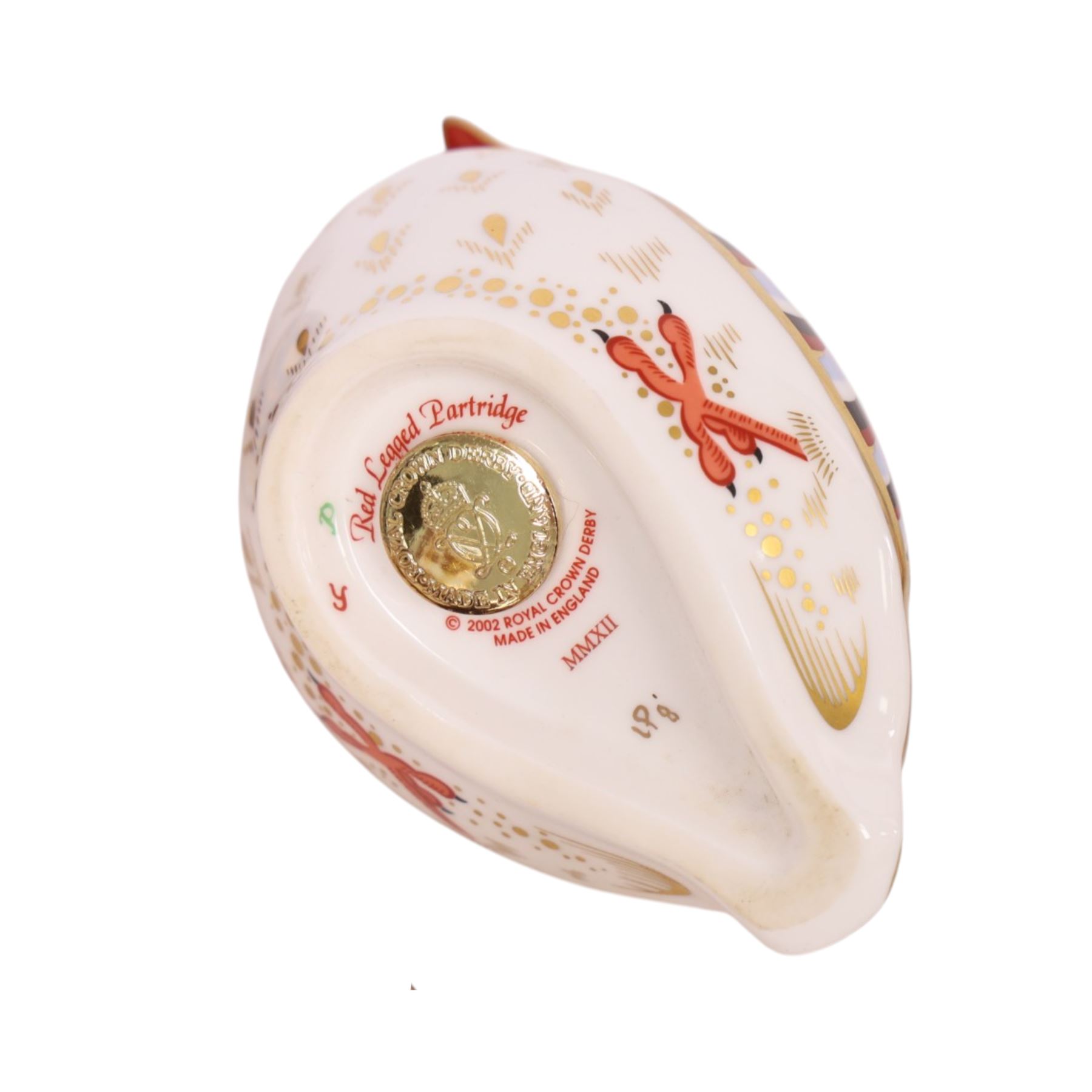 Royal Crown Derby bird paperweights, including Owlet gold stopper, Tawny Owl gold stopper, Gold Crested Tit gold stopper, Red Legged Partridge, etc