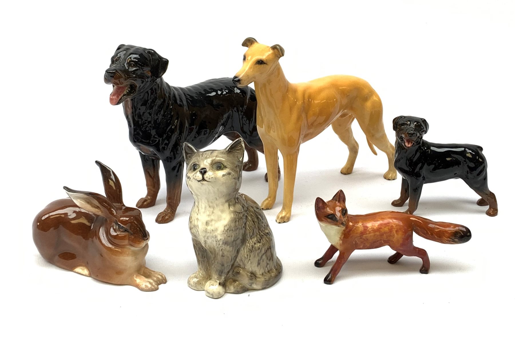 A group of Beswick figures, comprising a Rottweiler, and Rottweiler puppy, Grey Hound marked CH Jovial Roger, grey kitten marked 1886, fox, and a Royal Doulton figure of a Rabbit, HN2592. 
