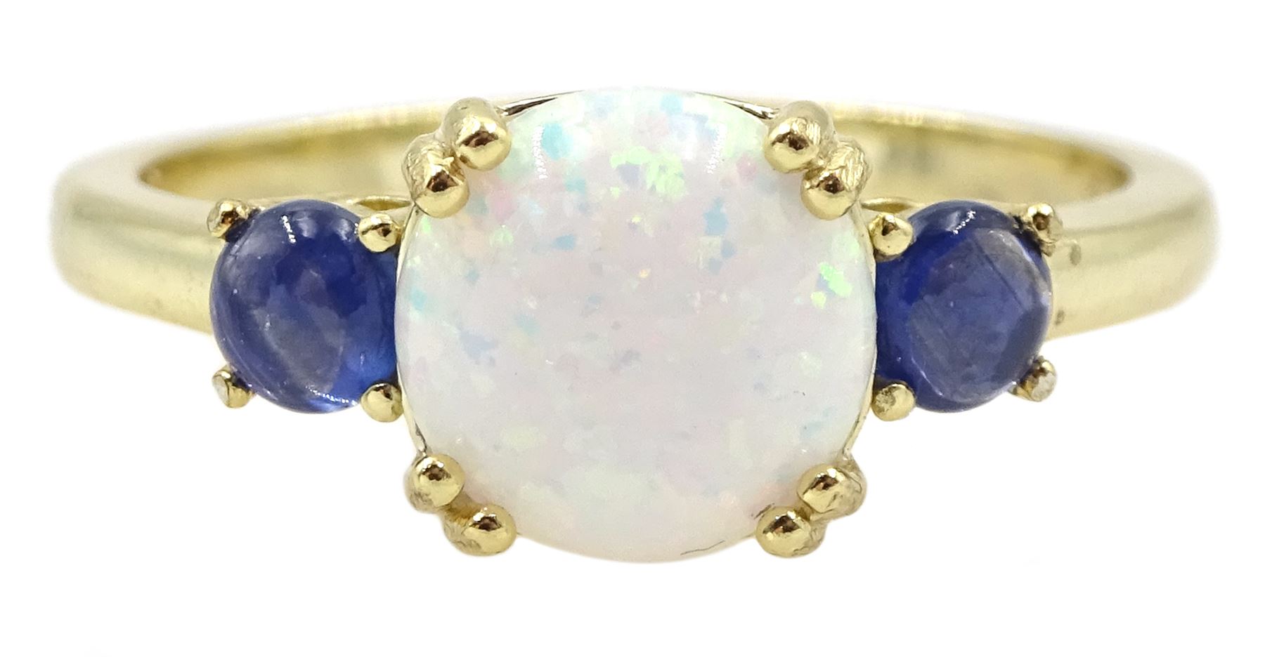 Silver-gilt three stone opal and sapphire ring, stamped 925