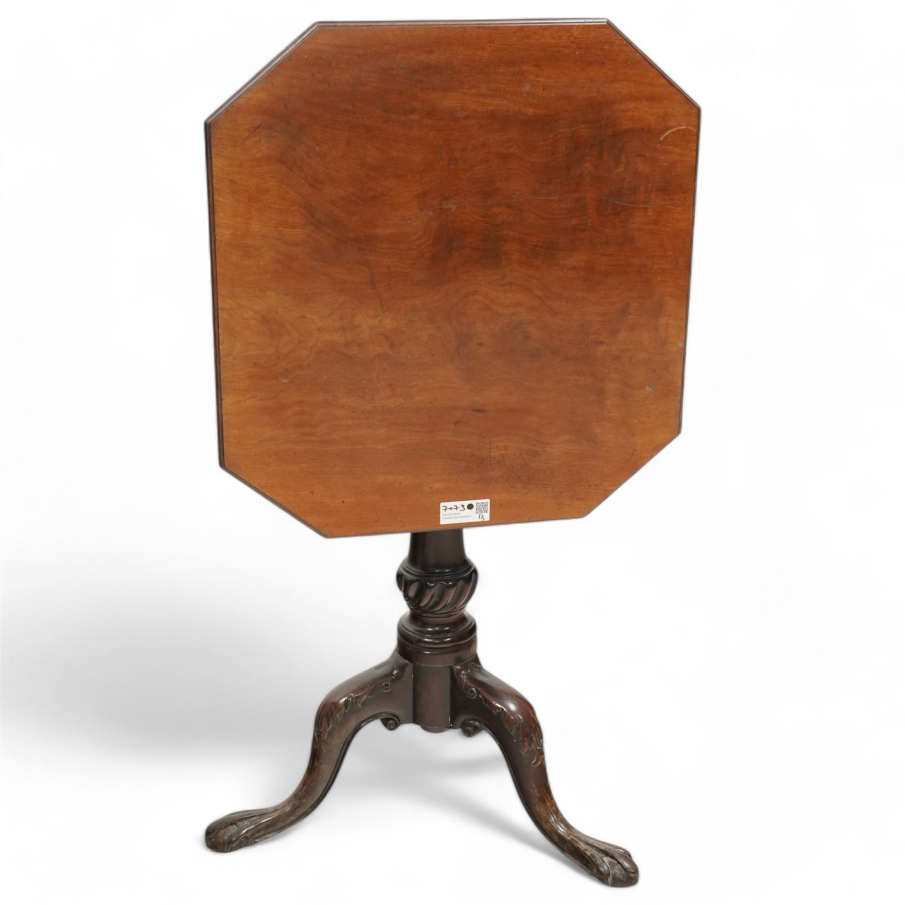 George III mahogany tripod table, square tilt-top with rounded corners, turned pedestal with twist baluster on three out-splayed supports (51cm x51cm, H71cm); together with another tripod table (63cm x 59cm, H70cm)