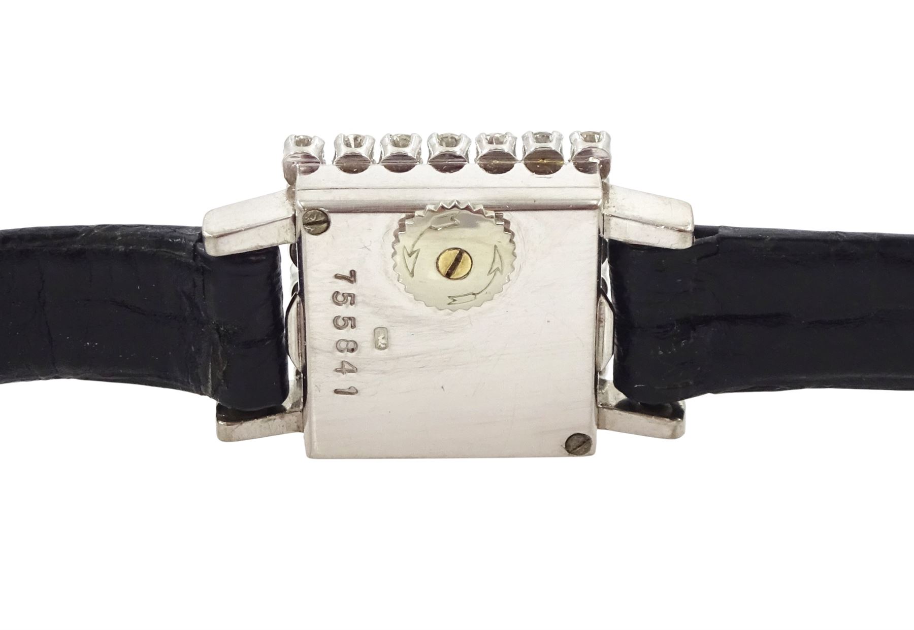 Jaeger-LeCoultre ladies 18ct white gold diamond manual wind wristwatch, back case No. 755841, square silvered dial with round brilliant cut diamond bezel and single cut diamond set lugs, crown wound from back case, on black leather strap, with 18ct white gold buckle, stamped 750, total diamond weight approx 0.70 carat