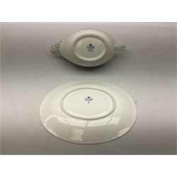 Coalport Revelry pattern tea and dinner wares, comprising nine dinner plates, four salad plates, eleven side plates, sauce boat and stand, ten teacups and ten saucers, and preserve pot and cover, together with a Coalport plate of shaped form decorated with pink roses, and a Royal Crown Derby Royal Antoinette pattern trio