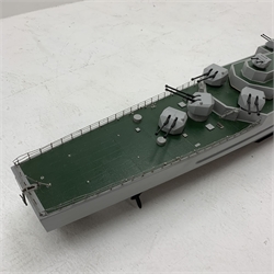 Early 21st century grey and green painted balsa wood 1:100 scale model of the French naval anti-aircraft battleship 'Colbert'  L180cm, fitted with remote control equipment, twin electric motors with direct drive shafts to the two propellers, but no controller or frequency details