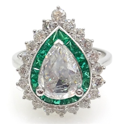  18ct white gold diamond and emerald cluster ring, stamped 750, central rose cut pear shaped diamond approx 1 carat, diamond surround approx 0.7 carat  