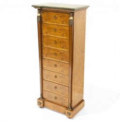 Neoclassical marble and inlaid figured maple wood tall chest, green marble inverted-breakf...