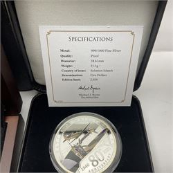 Six Queen Elizabeth II silver proof coins, comprising Government of Niue 2018 ‘The Flanders Remembrance Poppy’ two dollars, Solomon Islands 2020 ‘80th Anniversary of the Battle of Britain’ five dollars, Alderney 2019 ‘The 75th Anniversary of D-Day’ five pound, Alderney 2019 ‘Remembrance Day’ five pound, Bailiwick of Jersey ‘Prince Philip 70 Years of Service’ five pound, Pobjoy Mint Gibraltar 2020 ‘Penny Black’ fifty pence coin, with further Pobjoy Mint Gibraltar 2020 proof sterling silver piedfort ‘Penny Black’ fifty pence coin, all boxed with certificates
