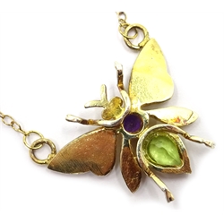  Silver-gilt peridot, amethyst and opal butterfly pendant necklace, stamped 925  