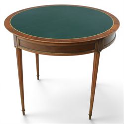 Regency revival mid 20th century walnut card table, demi lune form inlaid with boxwood, ki...