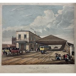 Henry Pyall and S G Hughes after Thomas Talbot Bury (British 1811-1877): Views on the Liverpool and Manchester Railway, twelve aquatints (two doubled up) with hand colouring pub. Ackermann c.1831-1833, 20cm x 25cm (12) (unframed)
Notes: Plates consist of: '[1] The Tunnel' (x2) (both 1831 and 1833 editions), '[2] Entrance of the Railway at Edge Hill Liverpool', '[3] Excavation of Olive Mount four miles from Liverpool', '[6] Entrance into Manchester across Water Street', '[8] Railway Office Liverpool', '[9] Warehouses at the end of the Tunnel towards Wapping' (x2) (both 1831 and 1833 editions), '[10] Moorish Arch looking from the Tunnel' '[11] Near Liverpool looking towards Manchester', '[12] Rainhill Bridge', '[13] Taking in Water at Parkside'.