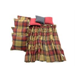 Pair red and green tartan fabric curtains, lined (pleated - W91cm, H105cm), and four matching feather cushions 