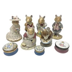 Five Royal Doulton Beatrix Potter figures, comprising Poppy Eyebright, Clover, Lord Woodmouse, Mr Apple and Dusty Dogwood, together with Beswick Appley Dapply figure and three Crummles Beatrix Potter enamel pill boxes