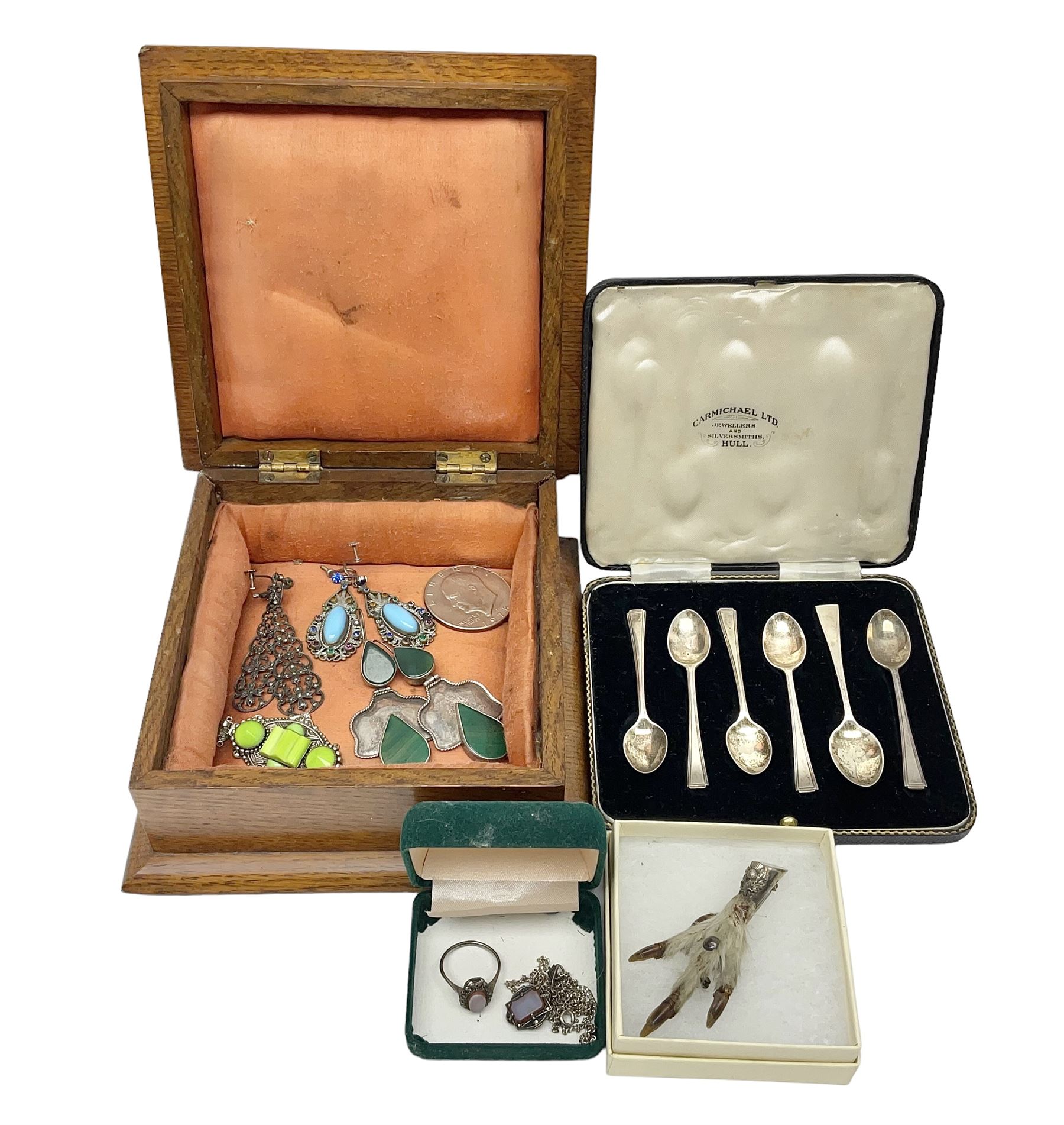 Five silver coffee spoons, together with one other, hallmarked, silver jewellery and costume jewellery in a wooden jewellery box