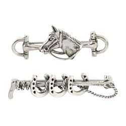 Silver horse's head brooch and one other silver horseshoe brooch, both stamped 925