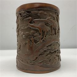 Chinese bamboo bush pot, decorated in relief with cranes in clouds, H16cm