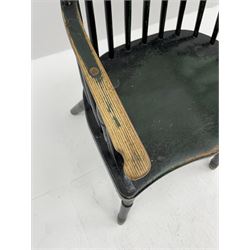 18th century West Country ash and elm Windsor armchair, high hoop and stick back, turned supports with H stretcher, green paint finish