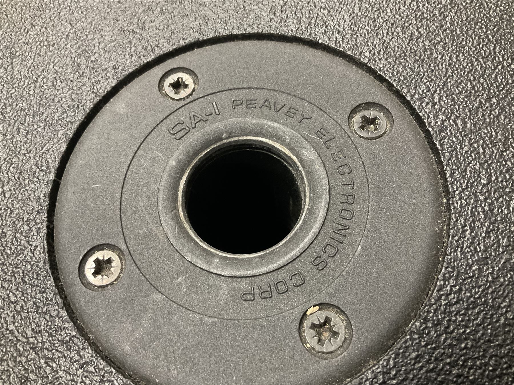 Peavey XR-696F 1200W Amplifier, serial no.K0241228, L47cm; with two Peavey UL bass bins L56cm and two Peavey top speakers L45cm with connecting rods; all with covers; and quantity of heavy duty cables, two microphone cables and microphone stand