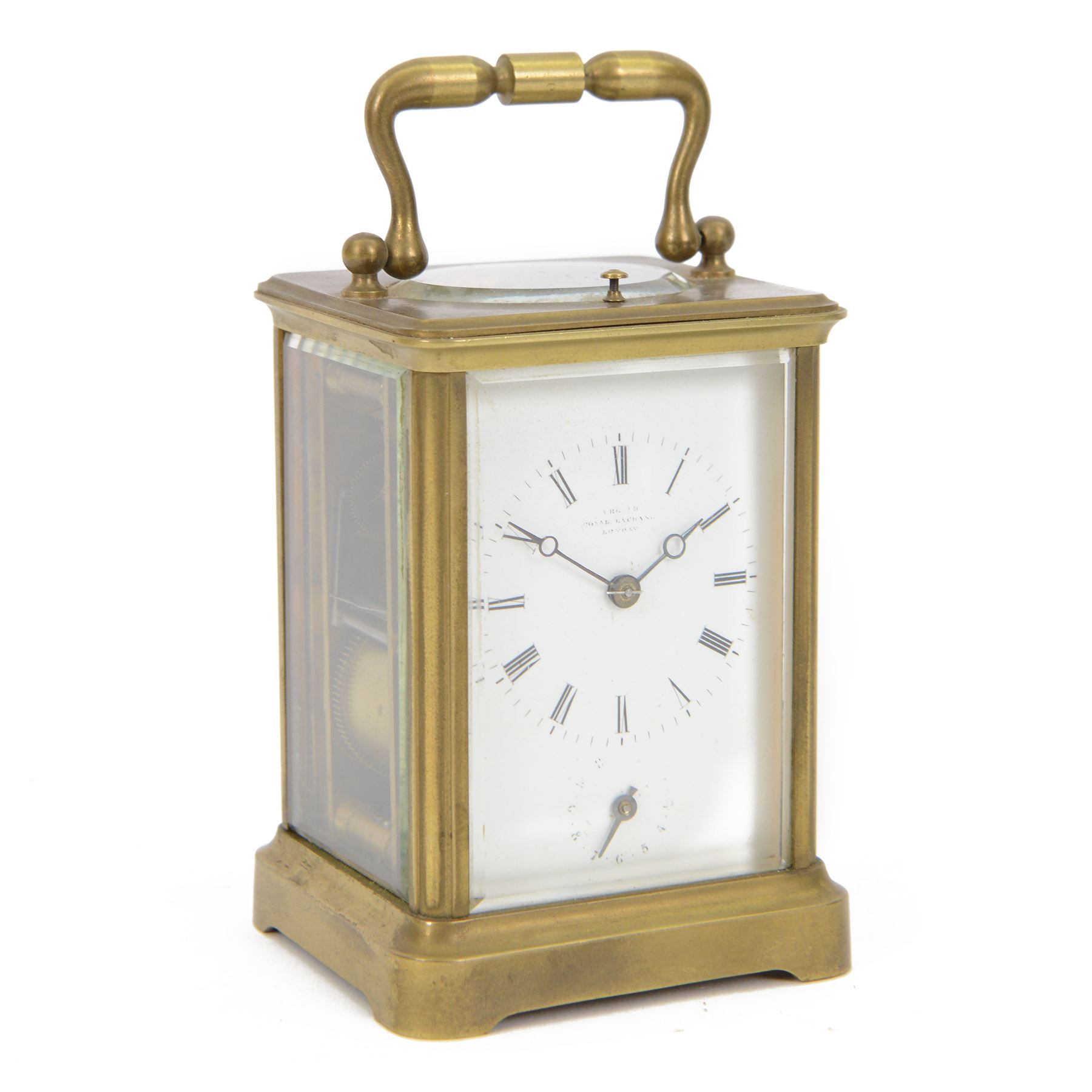 French- late 19th century 8-day  twin train corniche carriage clock with hour repeat and alarm, four bevelled glass panels and oval inset viewing glass to the top, enamel dial with Roman numerals, minute markers and fine moon hands, with alarm setting dial and indistinct London retailers name, movement with original jewelled and silvered lever platform escapement and rack striking, sounding the hours and alarm on a single rear mounted bell. With key.