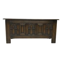 Old Charm - oak blanket box, hinged top, carved front