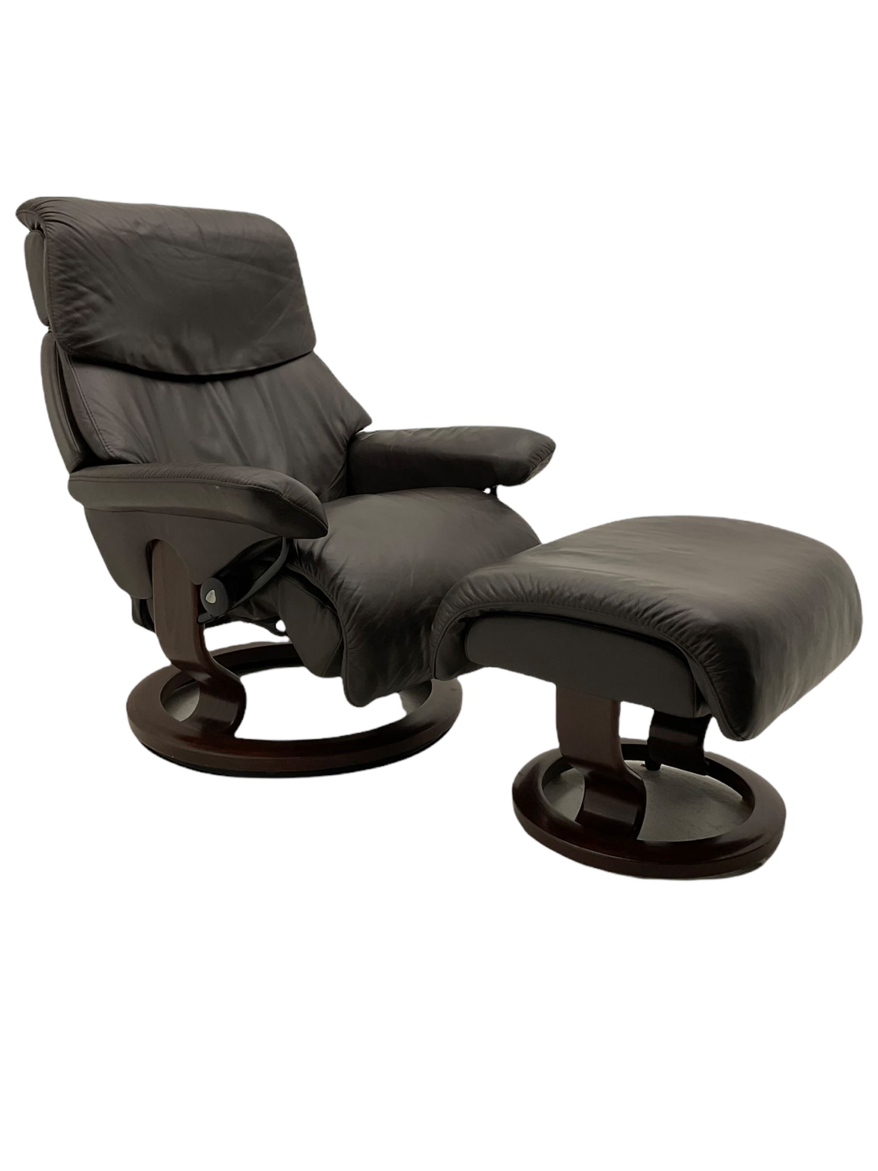 Ekornes Stressless - swivel reclining armchair with adjustable headrest, upholstered in cocoa brown leather, with matching footstool