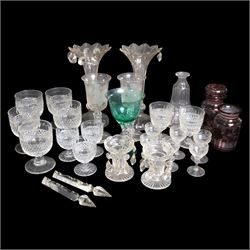 Collection of glassware, including goblets, pair of etched wine glasses, etc