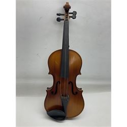 Saxony (?) violin c1950 with 36cm two-piece maple back and ribs and spruce top; bears label 'The Maidstone School Orchestra Association' L59cm overall; and 1950s Czechoslovakian violin for restoration; both in carrying cases (2)