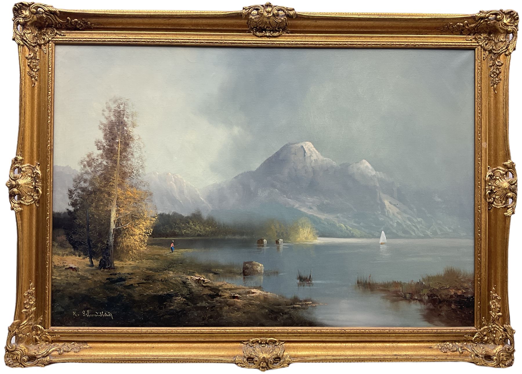 Karl Schmidbauer (Austrian 1921-1998): Mountainous Lake Landscape with Angler, oil on canvas signed 60cm x 90cm