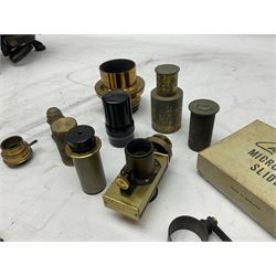 19th century brass and black japanned monocular microscope by W. Watson & Sons Ltd. 313 High Holborn, London serial no.24788 with rack and pinion focussing on tripod base H31cm; in fitted mahogany case retailed by A.H. Baird Scientific Instrument Makers Edinburgh; quantity of additional lenses and accessories; together with another similar uncased monocular microscope by W. Watson serial no.58379 (2)