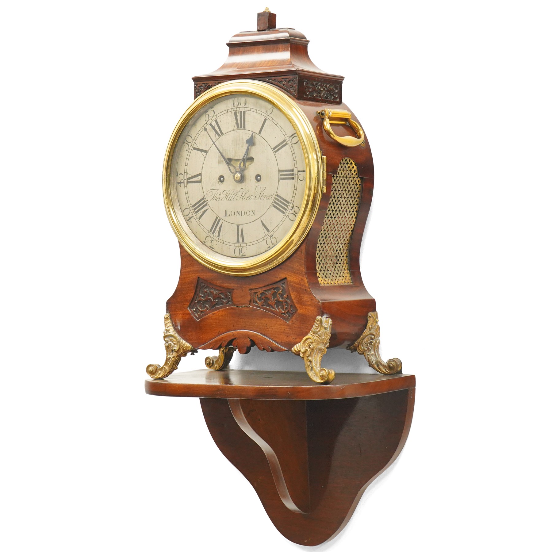 18th century bracket clock with twin chain fusee movement, the steel dial inscribed Thomas Hill, Fleet Street, London in mahogany case with blind fret carved panels, brass handles on gilt brass scroll feet with a later mahogany bracket H50cm excluding bracket