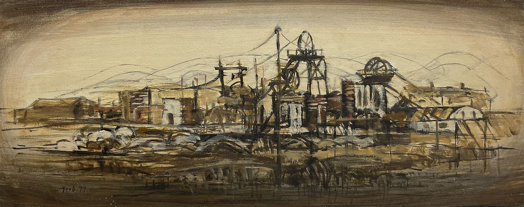 Fred M Atkinson (British 1941-2014): 'Based on Marley Hill Colliery - Between Burnopfield and Whickham', oil on panel signed and dated '77, titled verso 41cm x 101cm (unframed)