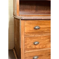 Large mahogany haberdashery cabinet shop fitting, early 20th century and later, the top section fitted with nine shelves, above nine deep drawers sliding out on rollers, on a skirted base. Disassembles for transport. H237cm, L373cm, D95cm.  - COLLECTION BY APPOINTMENT FROM: The White House, Thirsk Road, Easingwold, York, YO61 3NF - CALL 01723 507111 TO ARRANGE