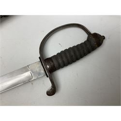 Mid-19th century Custom’s officer/Constabulary sidearm, with plain 60.5cm slightly curving fullered blade double edged at tip,  steel knucklebow and downswept quillon, stepped pommel and ribbed fishskin grip; in leather covered scabbard with steel locket, frog stud and chape L76cm overall