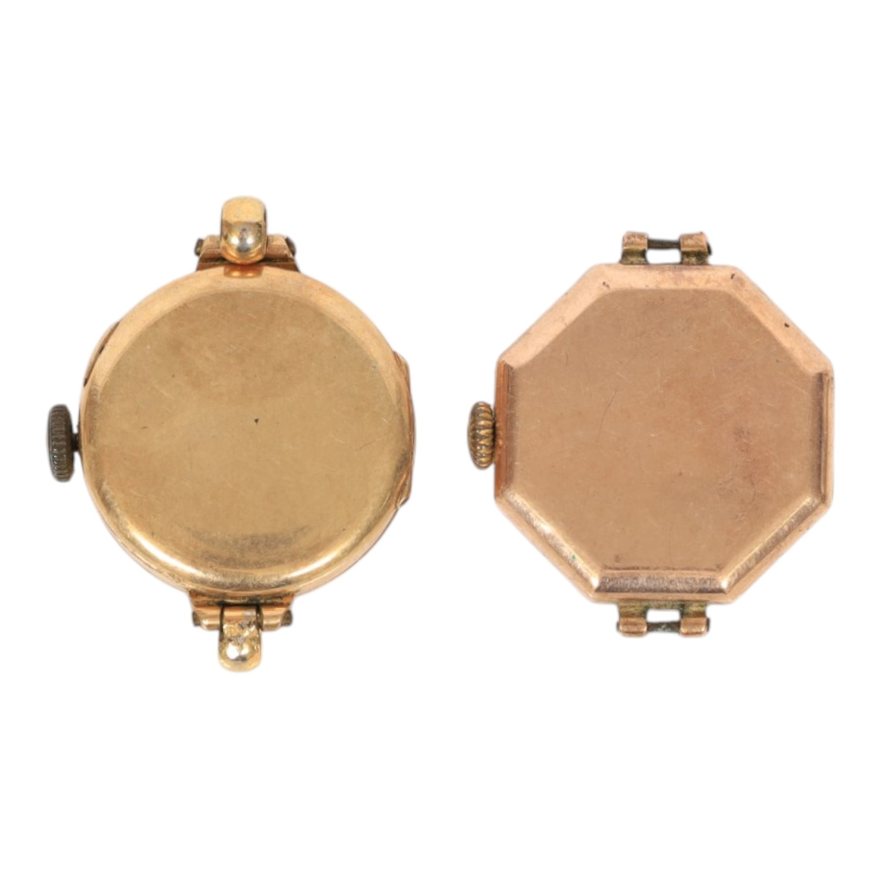Five 9ct gold manual wind wristwatches, one on a 9ct rose gold expanding bracelet and an 18ct gold manual wind wristwatch, on brown leather strap