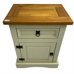 Painted pine bedside cupboard, rectangular top over single drawer and panelled cupboard, on skirted base