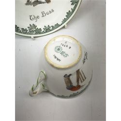 Early 20th century Royal Doulton teacup and saucer, from the series 'The All Black Team', the teacup depicting a cricketer entitled 'Good for fifty', the saucer depicting a cricketer stood in a long coat and wide brimmed hat, entitled 'The Boss', both with printed mark beneath, cup H6.5cm