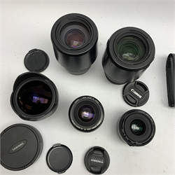 Two Canon camera bodies 'Canon EOS 350D Digital' and 'Canon EOS 1000', five camera lenses including Sigma, Yongnuo and Canon and various other camera accessories 