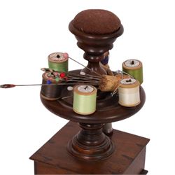 Victorian mahogany bobbin stand, together with pin wheel pin cushion, hat pins other sewing related items, stand H32cm