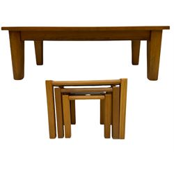 Rectangular pine coffee table, plank top; and matching meat of three tables