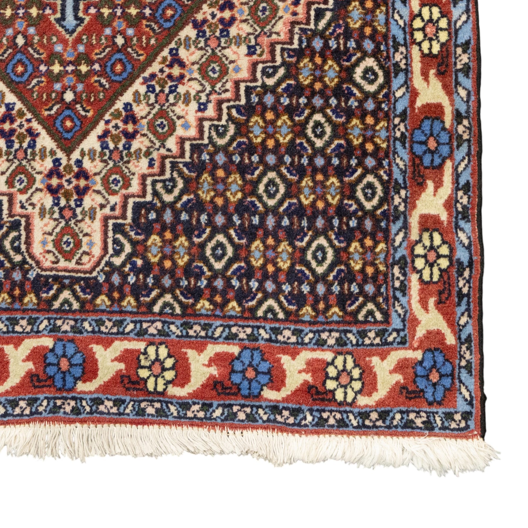 Persian Bijar prayer rug, dark brown ground with all-over Herati design surrounding a rust and pale blue central medallion, cream inner border and rust floral outer border