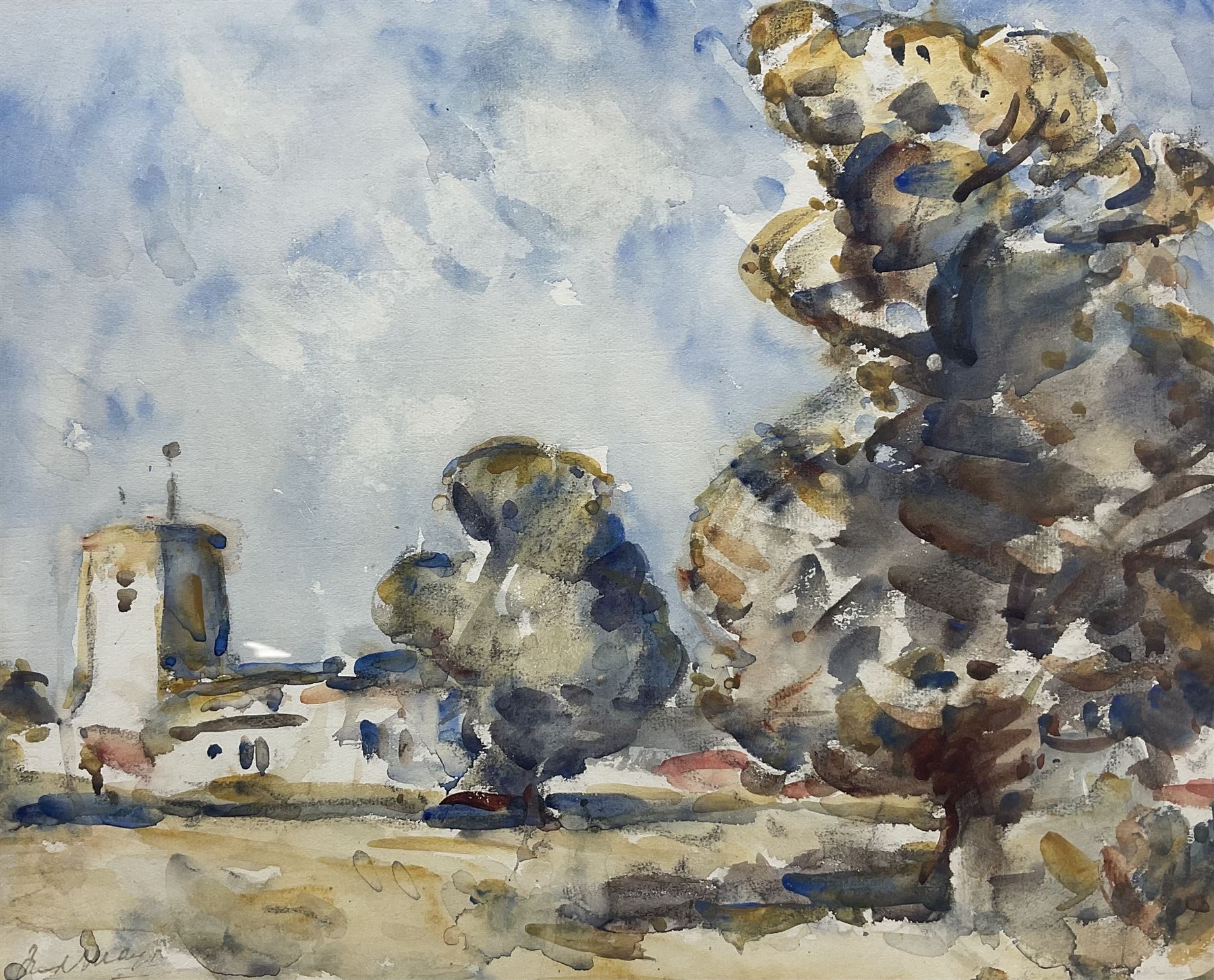 William (Fred) Frederick Mayor (Staithes Group 1866-1916): 'Whitchurch near Aylesbury', watercolour signed, titled verso 31cm x 38cm 
Provenance: private collection; David Duggleby, Scarborough 26th November 2021, Lot 56; with the Charles A Jackson Gallery, Police Street, Manchester, label verso dated March '44 - interestingly Charles Jackson was the brother of fellow Staithes Group artist Frederic William Jackson.