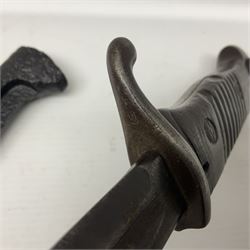 WWI Prussian S98 bayonet with 52cm fullered steel blade dated 1906 to pipeback and marked Solingen to ricasso, regimentally stamped to cross guard 56.R.11.2. for 56 Infanterie Regiment, 11 Kompanie, Waffe 2, L65cm overall; and another in battlefield relic condition (2)