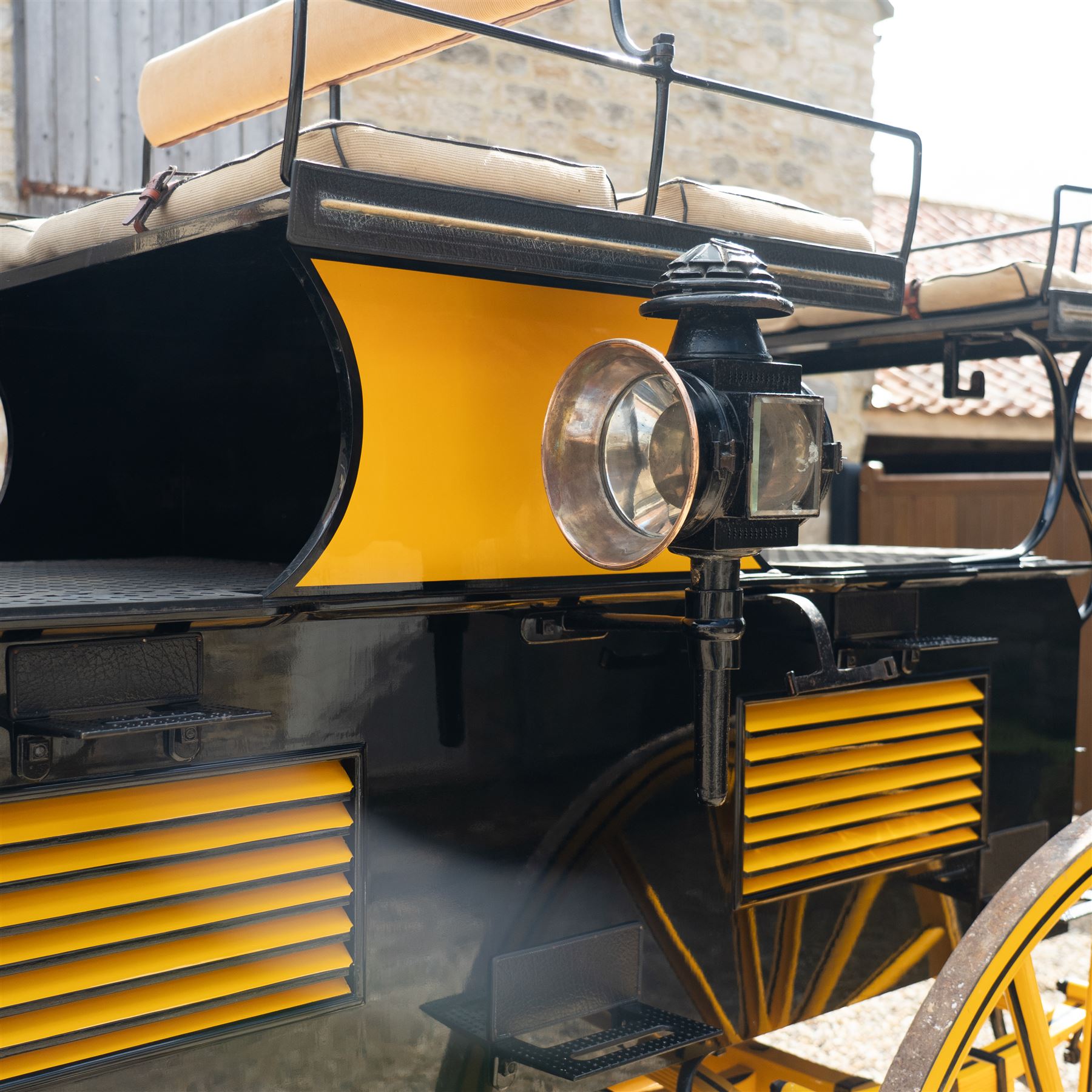 Roof Seat Break by Shanks of London

A roof seat break by Shanks of London built on a perch in black and yellow livery, the body fitted with an elevated driver's box seat, elevated rear groom's seat and central passenger compartment. The carriage is mounted on wooden spoked wheels with leaf spring suspension and is equipped with louvred underbody storage compartments, carriage lamp brackets (lamps next lot), folding access steps and a pole for driving with a pair or team of horses. The wheel hubs are stamped 