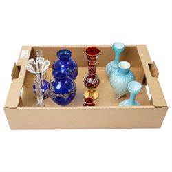 Three Victorian satin glass vases, and various other coloured glass examples