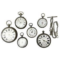 Two silver lever fusee pocket watches by Laz Rozenberg, Leeds and I Cowen Leicester and four silver cylinder fob watches