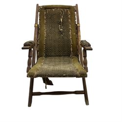 19th century oak campaign steamer or garden chair, folding staggered mechanism with brass fittings, upholstered seat, back and arms