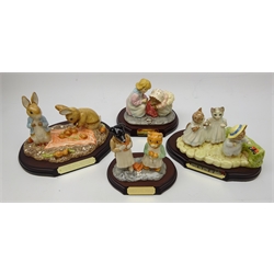  Four Beswick Beatrix Potter porcelain groups on plinths - Mittens, Tom Kitten and Moppet, Mrs Tiggy-Winkle and Lucie, Peter and Benjamin Picking up Onions and Ginger and Pickles, in original boxes with certificates (4)  