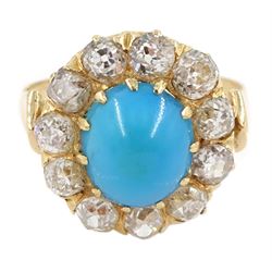 19th century gold turquoise and diamond cluster, later mounted as a ring, the central cabochon turquoise with eleven old cut diamond surround, total diamond weight approx 1.25 carat