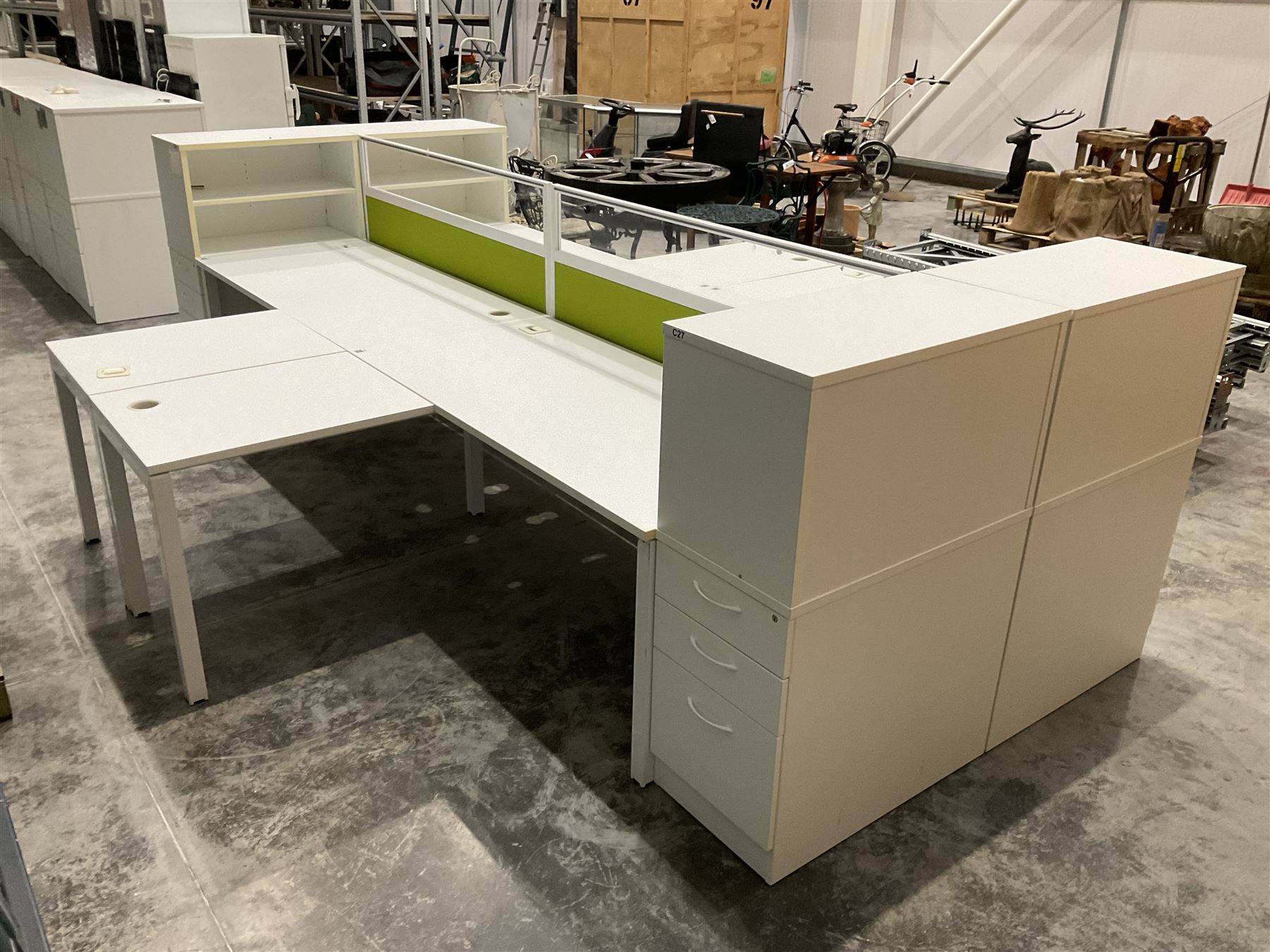 Modular two desk office system - comprising two desks, two returns, two filing drawer cabinets and one screen. Desk dimensions W160cm, D80cm, H73cm, pedestal dimensions W42cm, D80cm, H120cm - THIS LOT IS TO BE COLLECTED BY APPOINTMENT FROM DUGGLEBY STORAGE, GREAT HILL, EASTFIELD, SCARBOROUGH, YO11 3TX