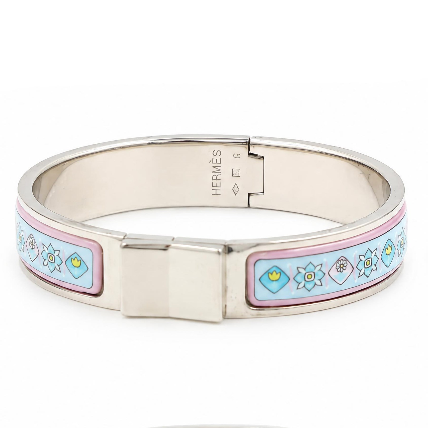Hermès Clic Clac enamel bracelet, blue and pink flower design, boxed